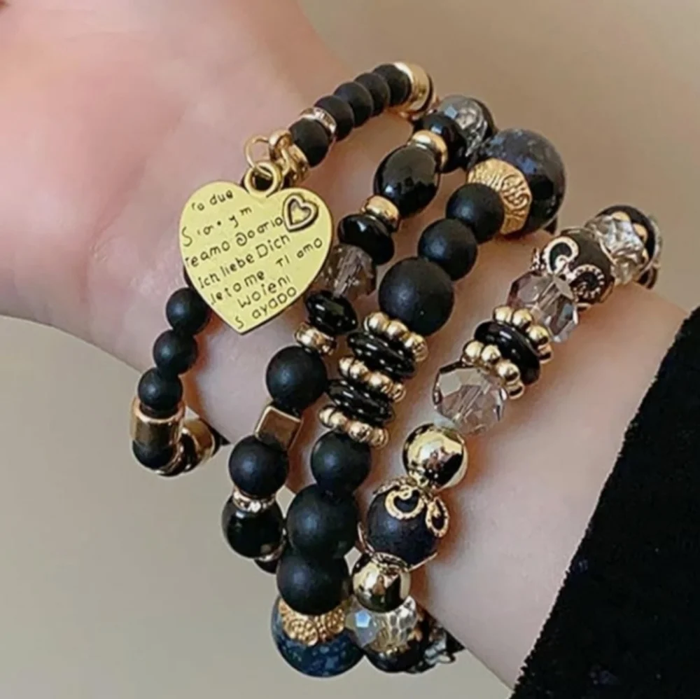 Stack Beaded Bracelets - Set of 4 Black, Clear, and Gold Beaded Stack Bracelet - Picture 4 of 4